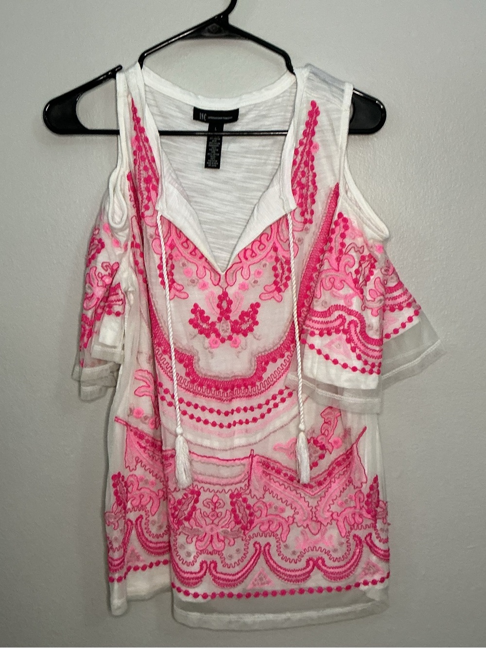 INC International Concepts White Cold-Shoulder Tunic with Pink Embroidery